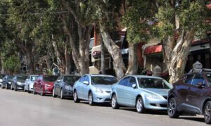 Rows of cars parked on the street.